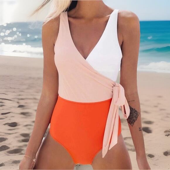 Cupshe Women One Piece Swimsuit Large Color Block V-Neck Wrap Front Tie Cheeky - Picture 1 of 9
